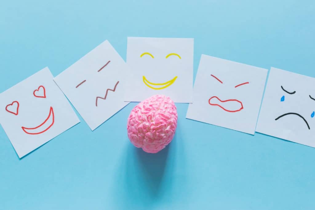 A pink plastic brain and five sticky notes that have different faces drawn on them on a blue background. The faces each show a different emotion; love, frustrated, happy, angry, sad.