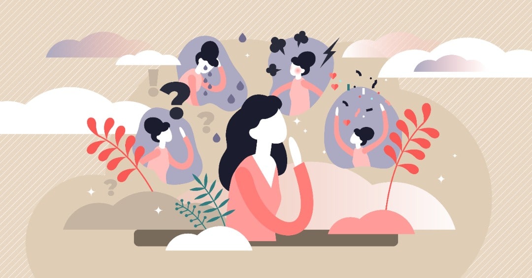 Illustrated woman with black hair and in a pink shirt surrounded by other versions of herself in various emotional states.