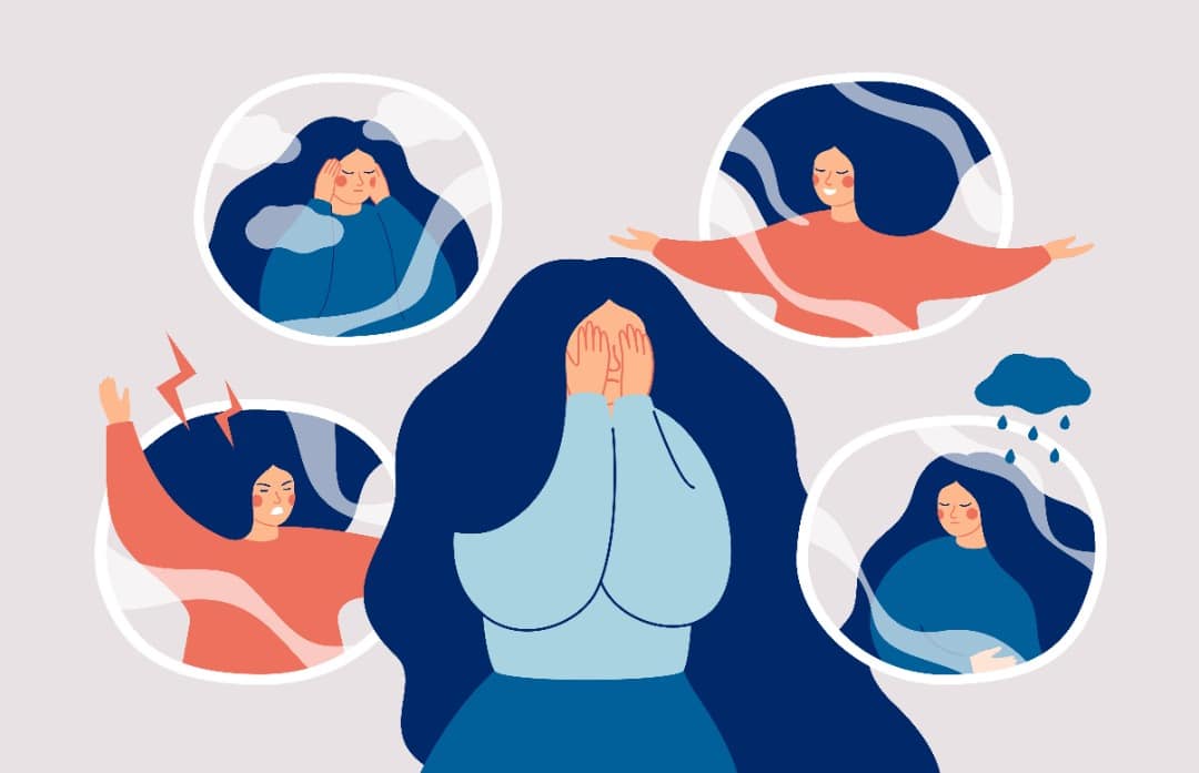 Illustration of woman surrounded by different versions of her in different moods.