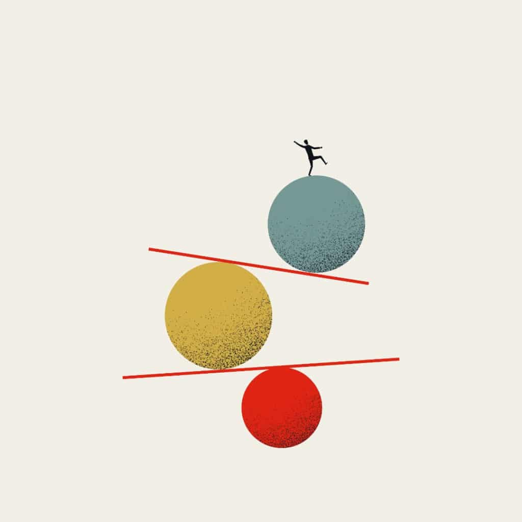 Illustration of a man balancing several planks on a ball.