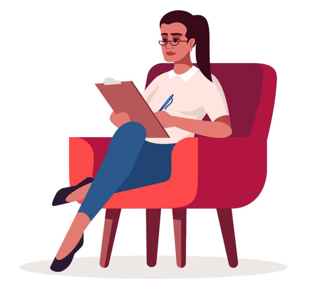 Illustration of a psychiatrist in her chair with a clipboard.