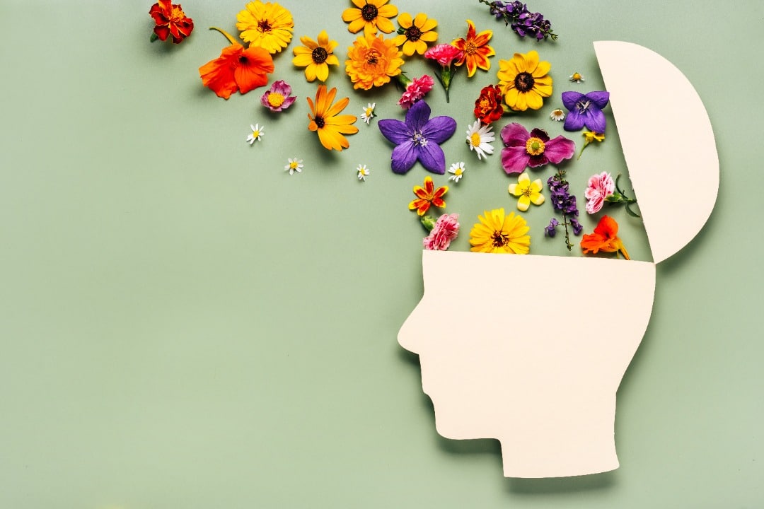 Paper cut out silhouette of a head. Colorful flowers are coming out from the top of the head.