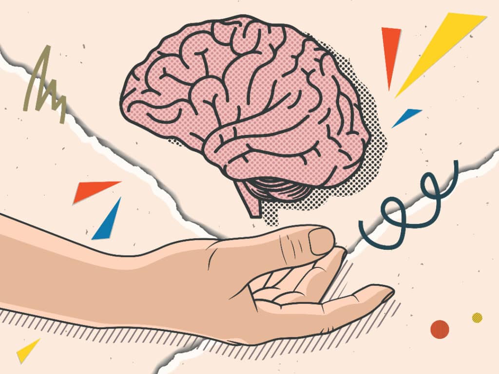 Illustration of a brain hovering over a hand. The background looks torn and there are red, yellow, and blue shapes floating around them.